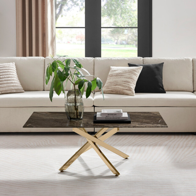 Leonardo Rectangle Brown/Grey Marble Glass & Gold Coffee Table - image 1