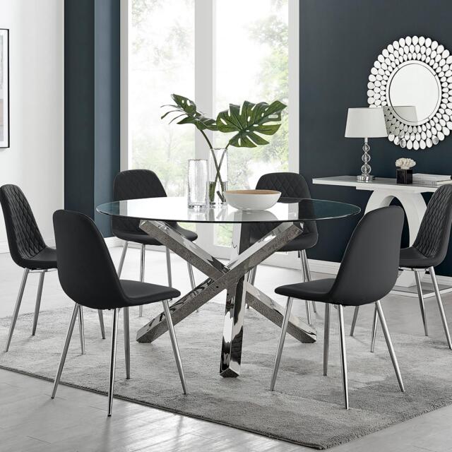 Vogue Large Round Chrome Metal Clear Glass Dining Table And 6 Corona Silver Dining Chairs Set - image 1
