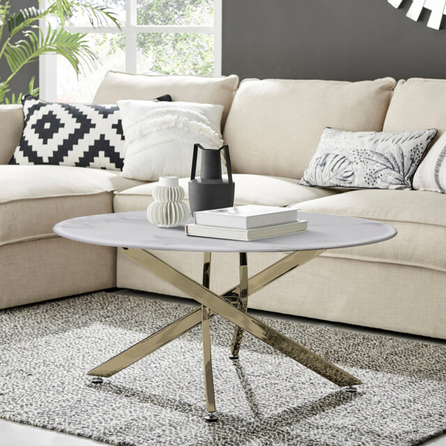 Novara Round White Marble Glass and Gold Coffee Table - image 1