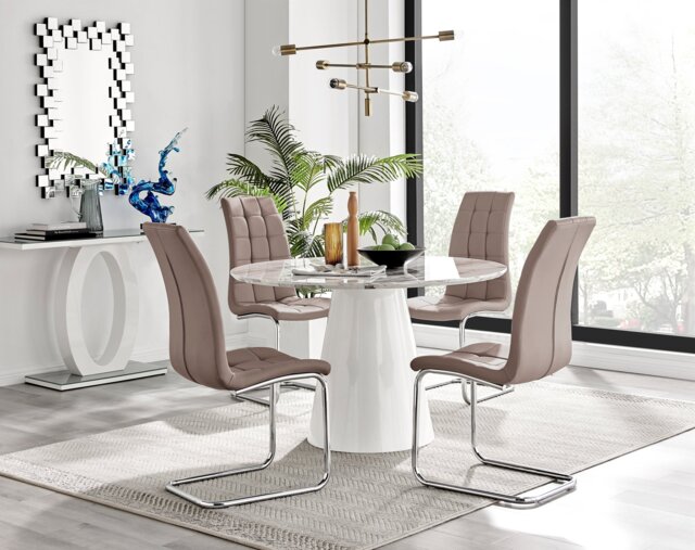 Palma White Marble Effect Round Dining Table & 4 Murano Chairs - image 1