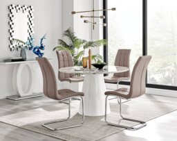 Palma White Marble Effect Round Dining Table & 4 Murano Chairs