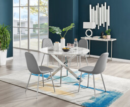 Novara White Marble 120cm Round Dining Table & 4 Corona Silver Leg Chairs - thumbnail 3