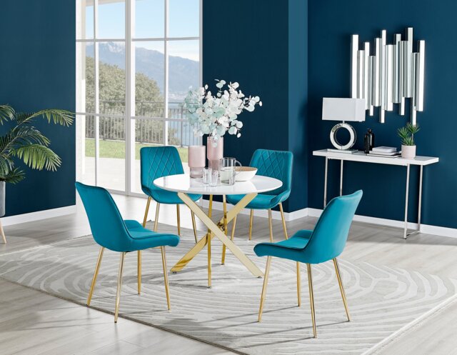 Novara White Gloss Gold Leg Round Dining Table & 4 Pesaro Gold Leg Chairs - image 1
