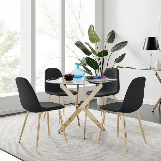 Novara Gold Metal 100cm Round Glass Dining Table And 4 Corona Gold Dining Chairs - image 1