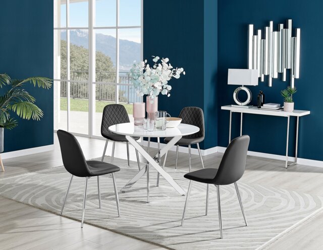 Novara White High Gloss Round Dining Table & 4 Corona Silver Leg Chairs - image 1