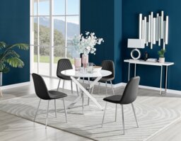 Novara White High Gloss Round Dining Table & 4 Corona Silver Leg Chairs