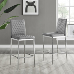 2x Milan Grey Faux Leather Counter Stools Silver Legs