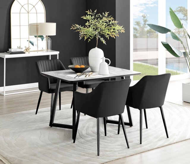 Carson White Marble Effect Dining Table & 4 Calla Black Leg Chairs - image 1