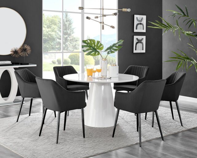 Palma White High Gloss Round Dining Table & 6 Calla Black Leg Chairs - image 1
