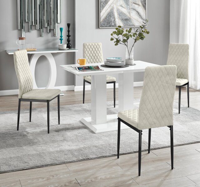 Imperia 4 White Dining Table and 4 Velvet Milan Black Leg Chairs - image 1