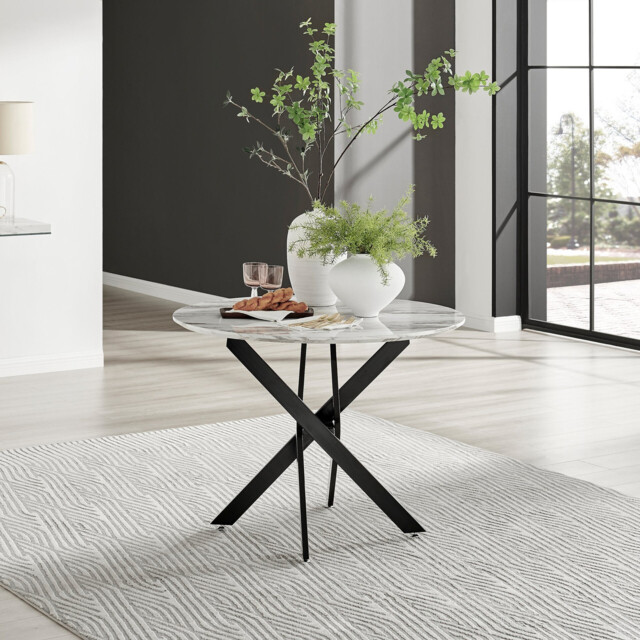 Novara Round White Marble Effect and Black Metal 4 Seater Dining Table - image 1