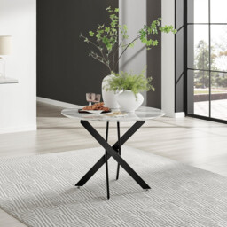 Novara Round White Marble Effect and Black Metal 4 Seater Dining Table
