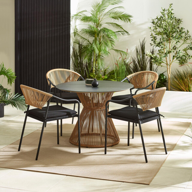 Lanai & Elba Beige Rattan & Black 4 Seat Round Table Garden Dining Set - image 1