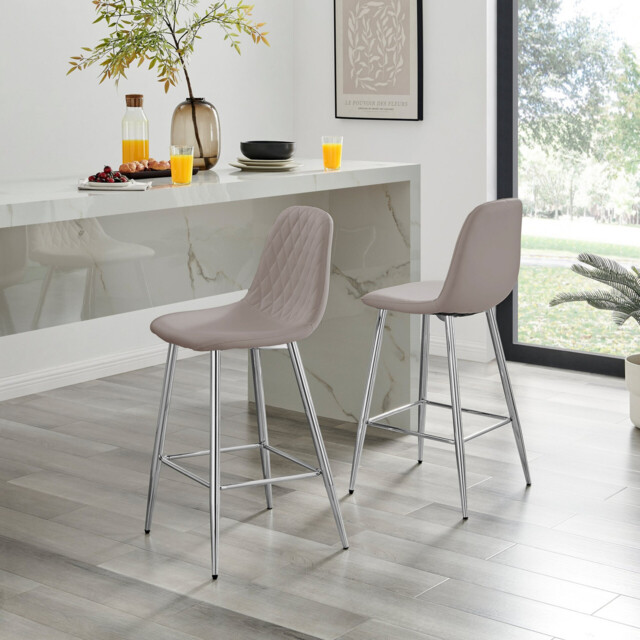 2x Corona Cappuccino Beige Faux Leather Counter Stools Silver Legs - image 1