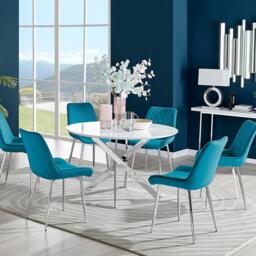 Novara White High Gloss 120cm Round Dining Table & 6 Pesaro Silver Leg Chairs - thumbnail 1