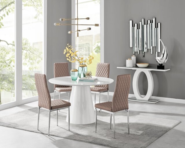Palma White High Gloss Round Dining Table & 4 Milan Chrome Leg Chairs - image 1