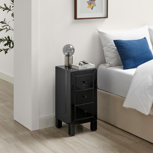 Lexi 3 Drawer Black Slim Mirrored Bedside Table - image 1