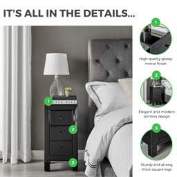 Lexi 3 Drawer Black Slim Mirrored Bedside Table - thumbnail 2