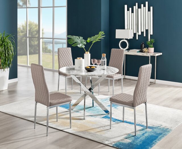 Novara White Marble Round Dining Table & 4 Milan Chrome Leg Chairs - image 1