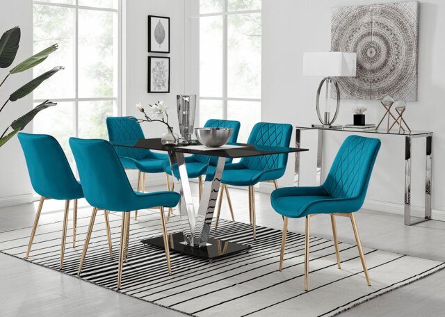 Florini V Black Dining Table and 6 Pesaro Gold Leg Chairs - image 1