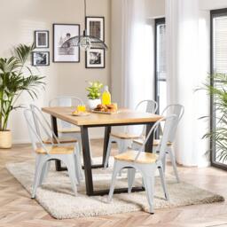 Cotswold Oak Black Leg Dining Table & 6 Colton Wooden Seat Metal Chairs