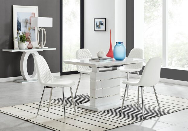 Renato 120cm High Gloss Extending Dining Table and 4 Corona Silver Leg Chairs - image 1