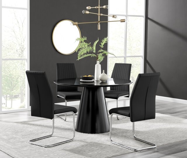Palma Black Semi Gloss Round Dining Table & 4 Lorenzo Chairs - image 1