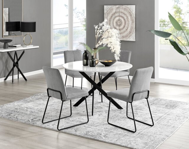 Novara White Gloss Black Leg 120cm Round Dining Table & 4 Halle Chairs - image 1