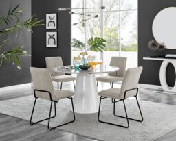 Palma White Marble Effect Round Dining Table & 4 Halle Black Leg Chairs