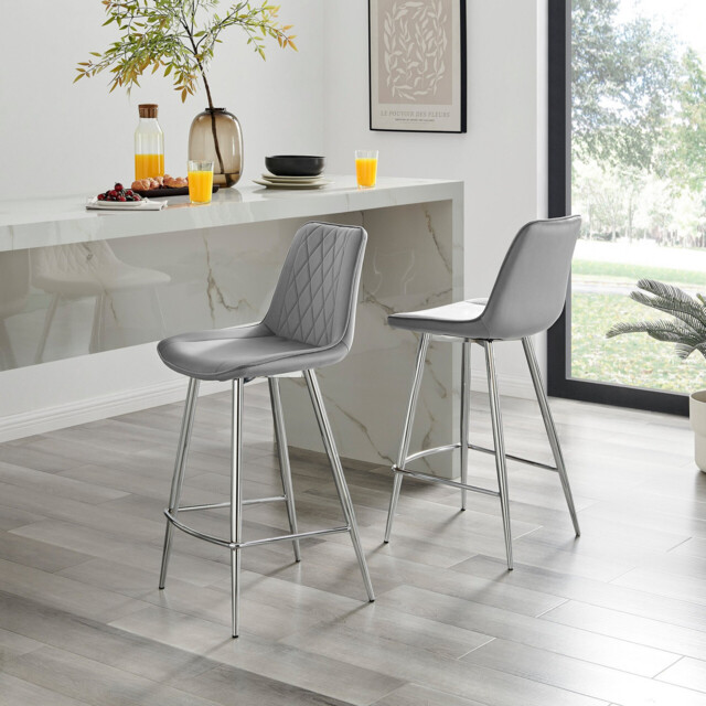 2x Pesaro Grey Velvet Counter Stools Silver Legs - image 1