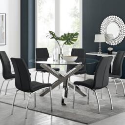 Vogue Large Round Chrome Metal Clear Glass Dining Table And 6 Isco Dining Chairs Set - thumbnail 1