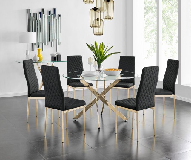 Novara 120cm Gold Round Dining Table and 6 Gold Leg Milan Chairs - image 1