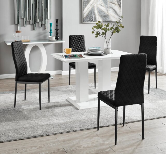 Imperia 4 White Dining Table and 4 Velvet Milan Black Leg Chairs - image 1
