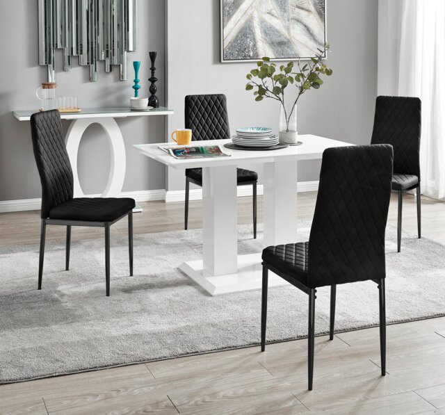 Imperia 4 White Dining Table and 4 Velvet Milan Black Leg Chairs