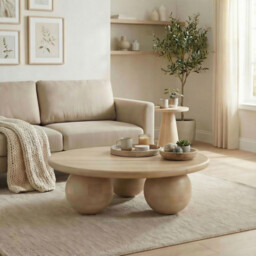 Olympus Round White Oak Wood Sphere Leg Coffee Table