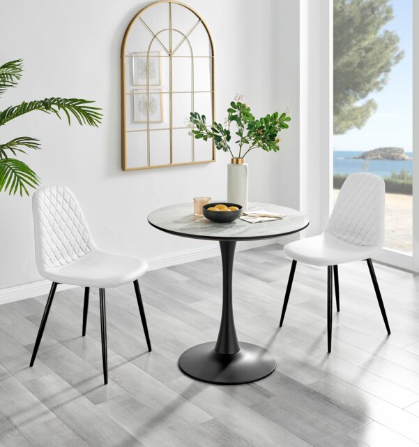 Elina White Marble Effect Round Dining Table & 2 Corona Black Leg Chairs - image 1