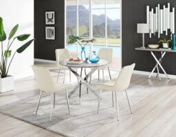 Novara Grey Concrete Effect Round Dining Table & 4 Pesaro Silver Leg Chairs