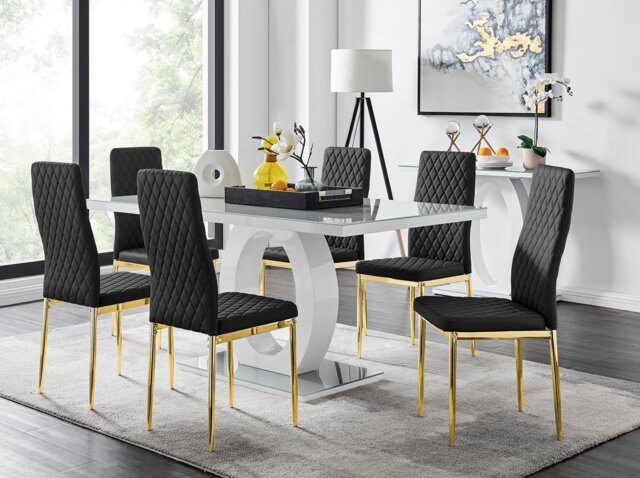 Giovani 6 Grey Dining Table & 6 Gold Leg Milan Chairs - image 1