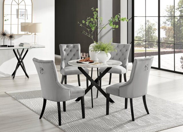 Novara White Marble Black Leg Round Dining Table & 4 Belgravia Black Leg Chairs - image 1