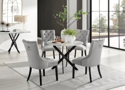 Novara White Marble Black Leg Round Dining Table & 4 Belgravia Black Leg Chairs