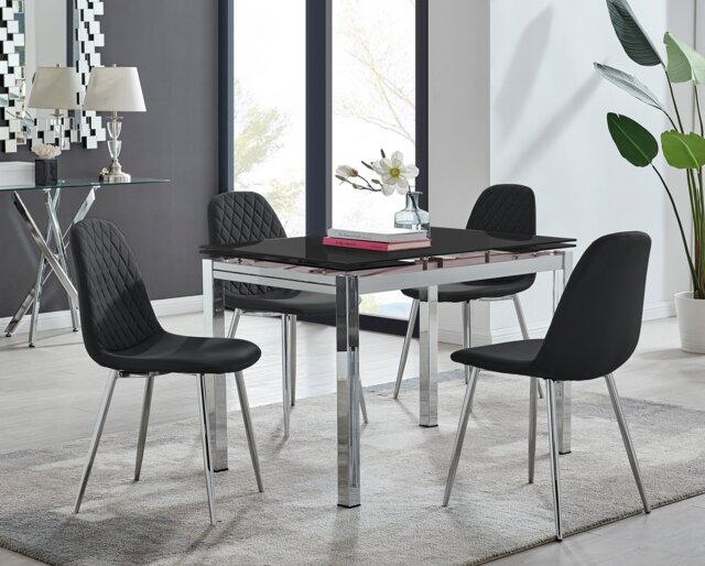 Enna Black Glass Extending Dining Table and 4 Corona Silver Leg Chairs - image 1