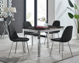 Enna Black Glass Extending Dining Table and 4 Corona Silver Leg Chairs