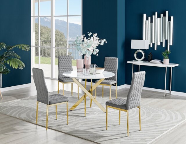Novara White Gloss Gold Leg Round Dining Table & 4 Milan Gold Leg Chairs - image 1