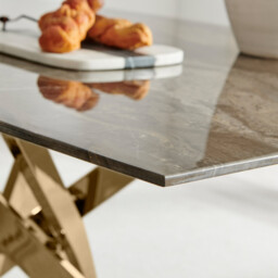 Leonardo Rectangle Brown/Grey Marble Glass & Gold Metal 6 Seat Dining Table - thumbnail 4