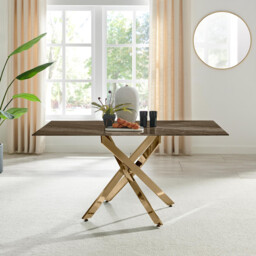 Leonardo Rectangle Brown/Grey Marble Glass & Gold Metal 6 Seat Dining Table - thumbnail 1