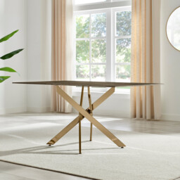 Leonardo Rectangle Brown/Grey Marble Glass & Gold Metal 6 Seat Dining Table - thumbnail 3