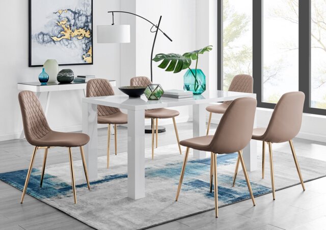 Pivero White High Gloss Dining Table And 6 Corona Gold Chairs Set - image 1