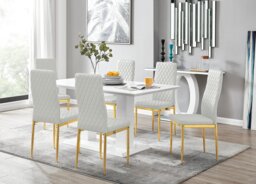 Imperia 6 White Dining Table and 6 Gold Leg Milan Chairs