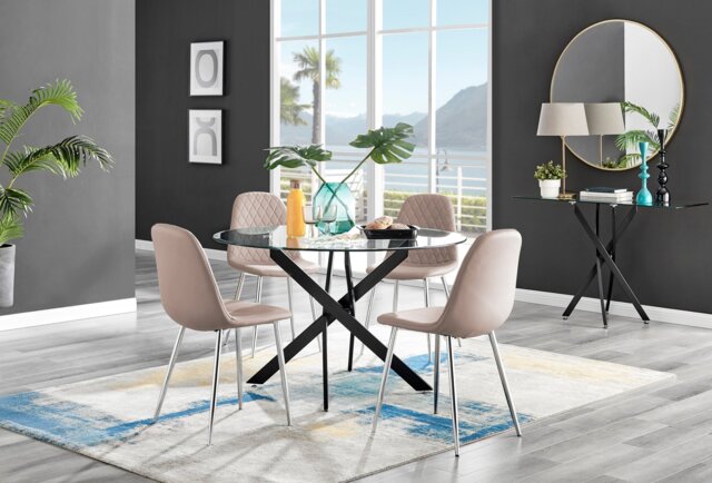 Novara Black Leg 120cm Round Glass Dining Table & 4 Corona Silver Chairs - image 1