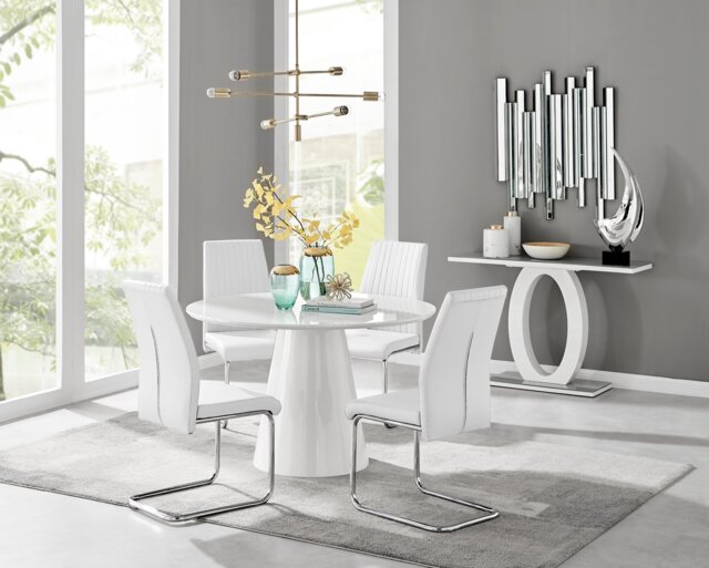 Palma White High Gloss Round Dining Table & 4 Lorenzo Chairs - image 1